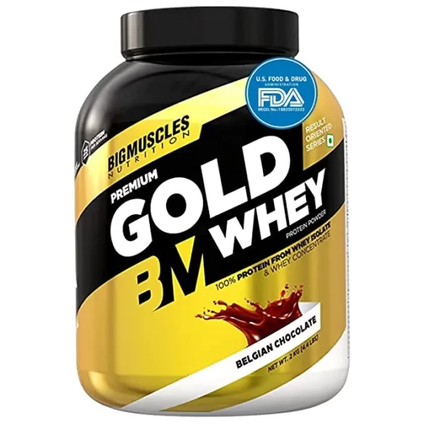 Bigmuscles Nutrition Premium Gold Whey  high protein content and low carb and fat content. It is available in a delectable chocolate flavour that will satisfy your palate and support your fitness objectives Belgian Chocolate  with 2 kg