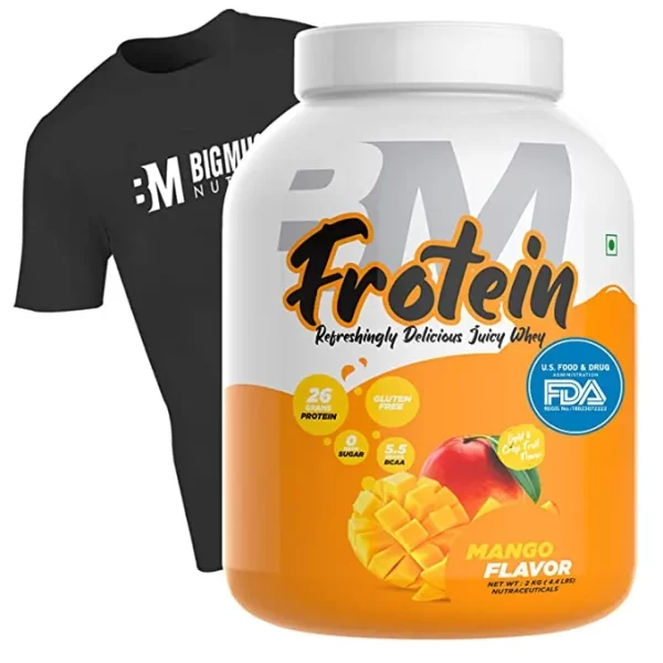 BIG MUSCLES Frotein + Free-TSHIRT high-quality whey protein supplement made to support your exercise objectives.  It also has 4g of glutamine and 5.5g of BCAAs, whichaid in reducing muscle breakdown and hastening recovery.