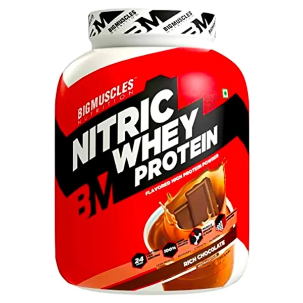 BIG MUSCLES Nitric Whey + Real BM Vitamin ( free ) high-quality whey protein supplement made to promote blood flow and circulation while also helping muscles grow and recover.  Your body will have all the nutrients it needs to function at its peak thanks to the help of this premium multivitamin, which is made to support general health and wellness.
