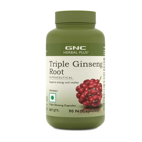 GNC Herbal Plus Triple Ginseng Root Enhances physical stamina and increases muscle strength Vegetarian , Unflavoured , 90 tabs