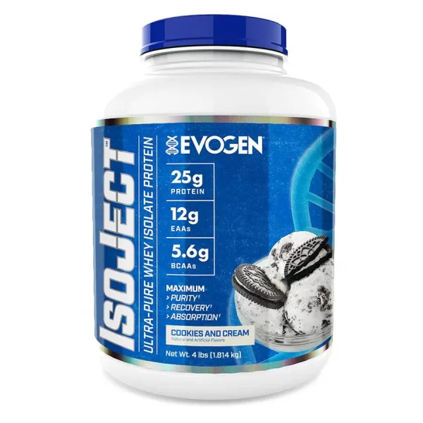 Evogen Isoject Isolate Protein Cookies & Cream 4 lb This Provides 11.7 Grams Essential Amino Acid in Single serving. It contains 25 Grams Protein Per Serving . It contains 5.5 Grams BCAA